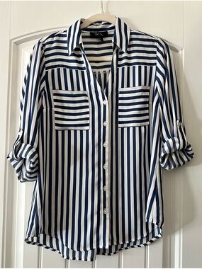 BCX Navy & White Vertical Striped Button-Down Shirt